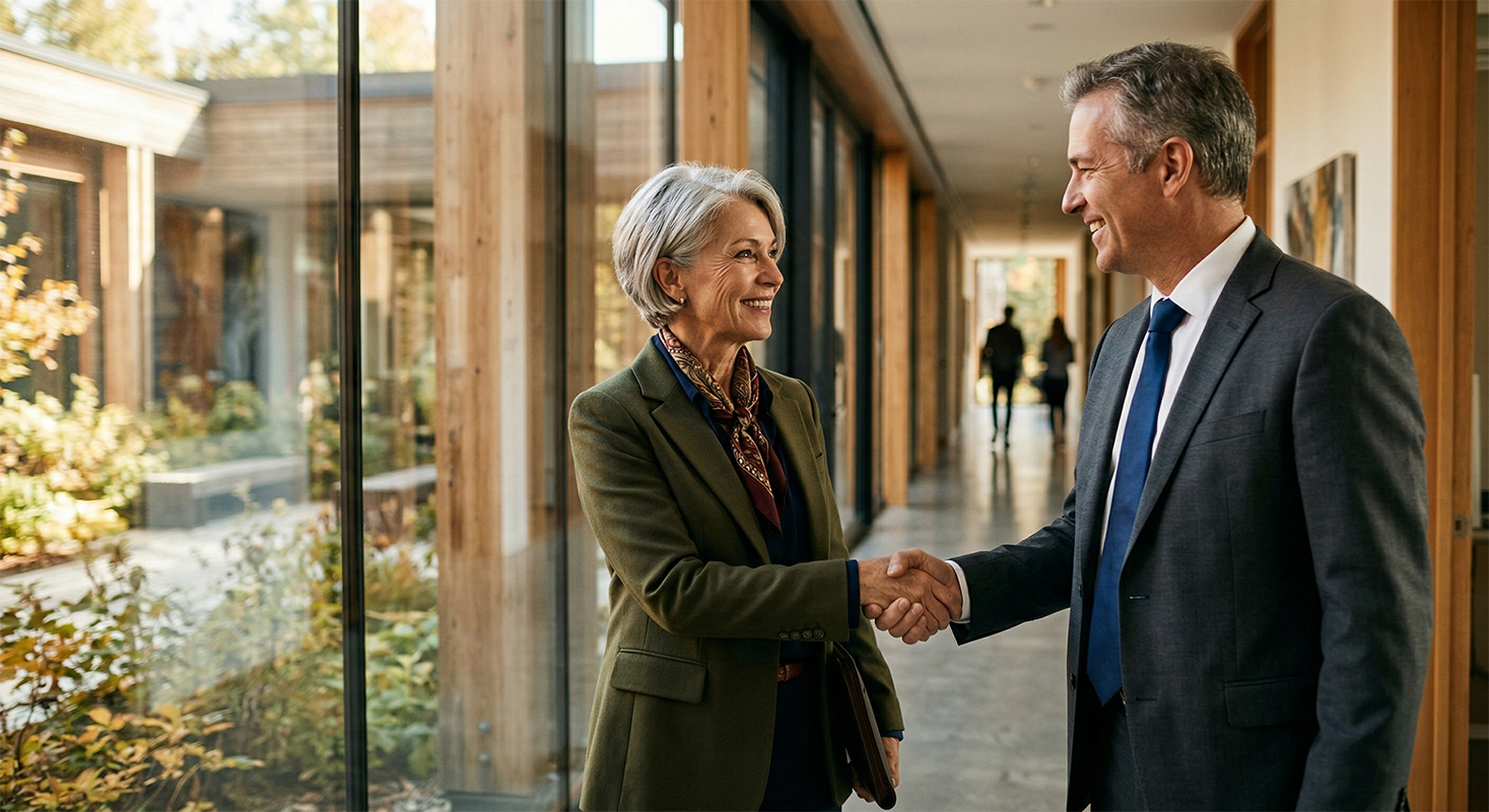 Professional handshake — bilingual sales consultant meeting Canadian SME